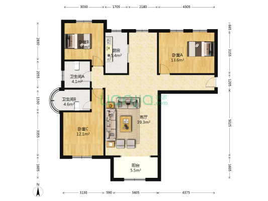 香邑溪谷 通透大3居 双明卫 精装带阁楼 实际面积+12平-户型图