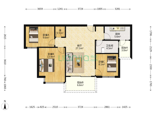 恒大城 3室1厅1卫 103平方
