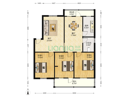 富乡小区 3室2厅1卫 122平方