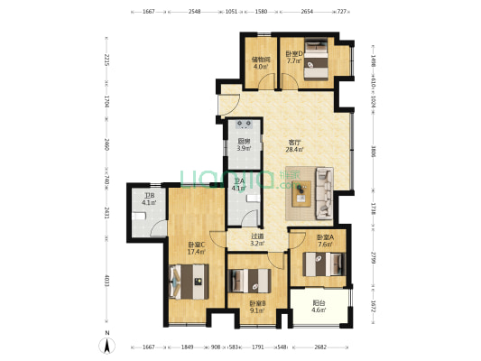 合能星悦中心 4室1厅2卫 127平方