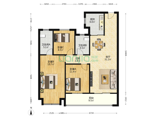 旭辉千山凌云一期 3室1厅2卫 137平方