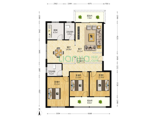 红光花园 3室2厅2卫 135平方