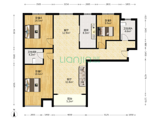 金品时代小区 人车分流 南北通透大三居-户型图