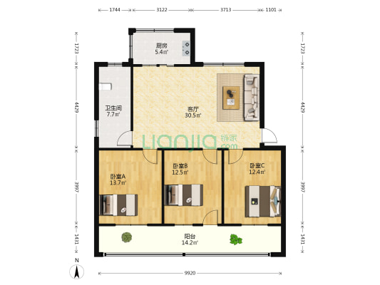 解放路72号 3室1厅1卫 100平方