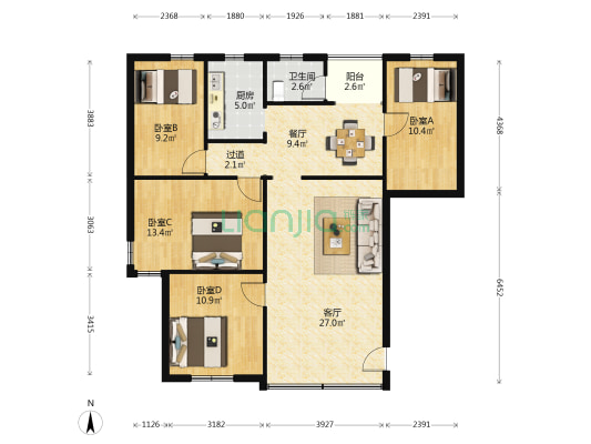 新松龙京小区 4室2厅1卫 107平方