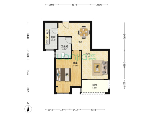 龙惠花苑三期 1室1厅1卫 72平方