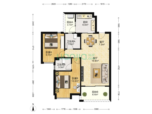 远洋新悦 2室2厅2卫 93平方