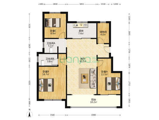 徐州春风南岸 3室1厅2卫 121平方