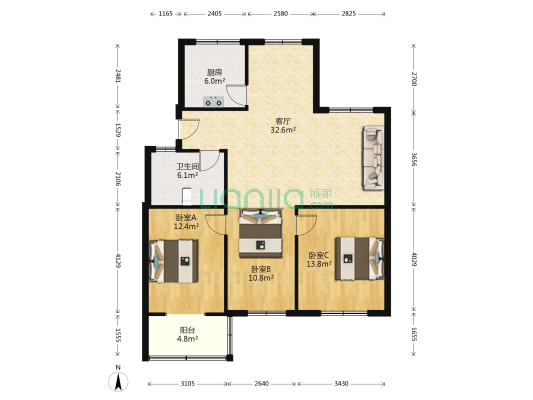 灵芝小区 3室1厅1卫 105平方