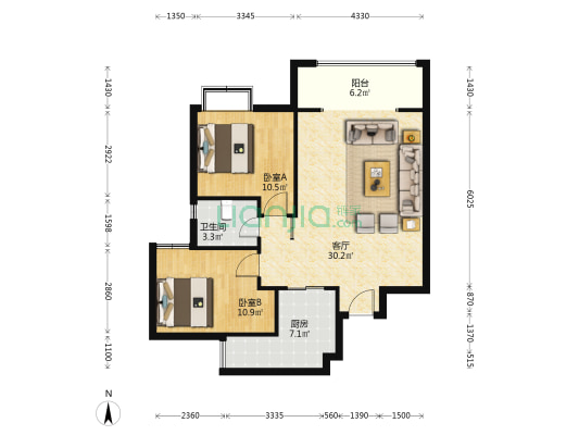 华兴新居 2室1厅1卫 87平方