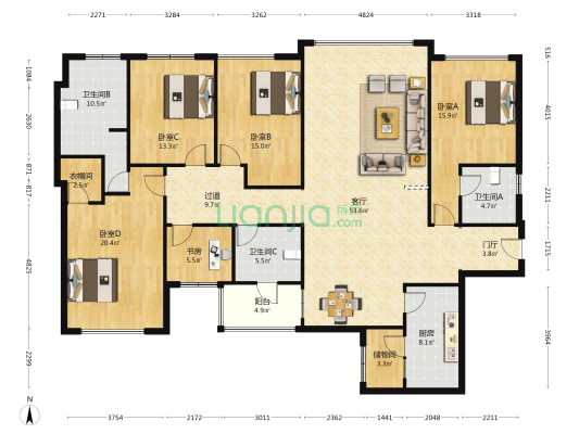 中隆国际嘉熙中心 5室1厅3卫 203平方