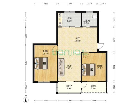 桃园公寓 2室2厅1卫 94平方