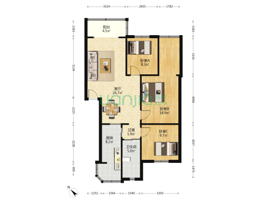华星路10号 3室1厅1卫 88平方