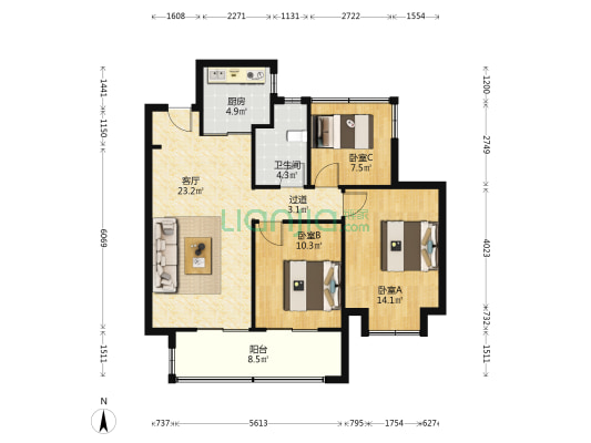 龙湖天璞 3室1厅1卫 101平方