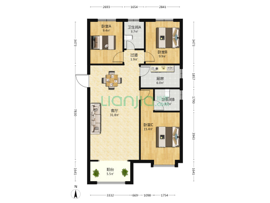 志园 3室1厅2卫 122平方