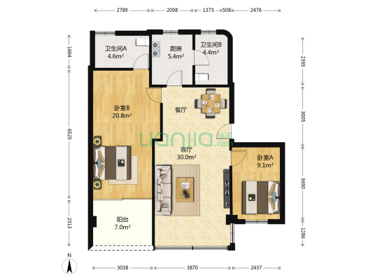 豪景大厦 2室1厅2卫 91平方