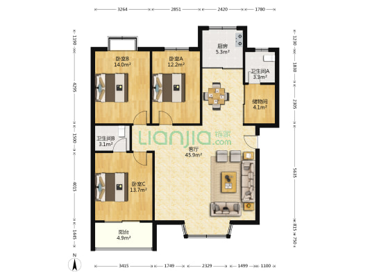 新新家园 3室1厅2卫 127平方