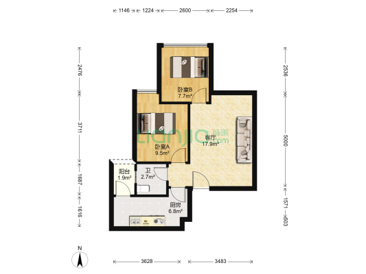凯文阳光 2室1厅1卫 60平方