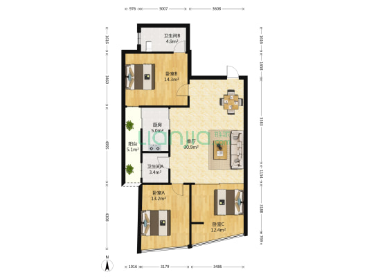 新力广厦 3室1厅2卫 117平方