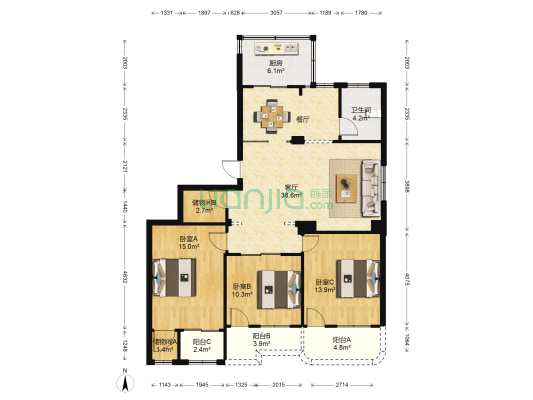 对湖新村 3室1厅1卫 114平方