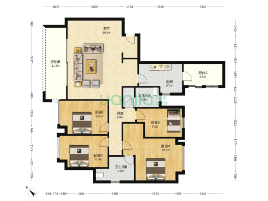 中铁御花府 4室1厅2卫 164平方