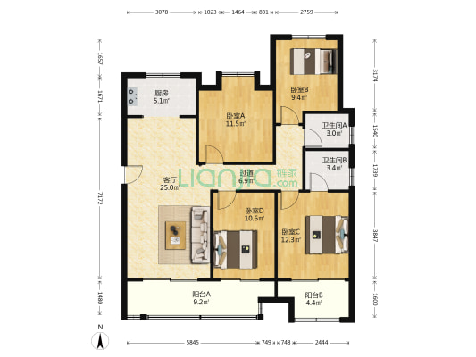 吾悦华府B区 4室1厅2卫 128平方