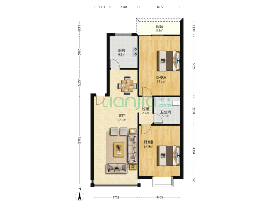 阳光家园 2室1厅1卫 98平方