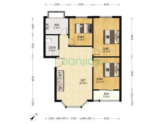 文化苑小区 3室1厅1卫 94平方