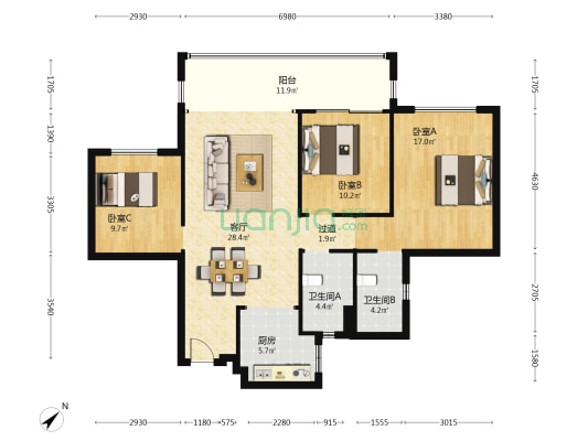 龙湖光年 3室1厅2卫 120平方