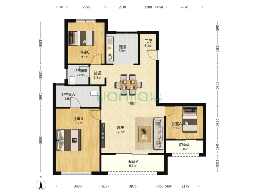 保利·天汇 3室1厅2卫 129平方