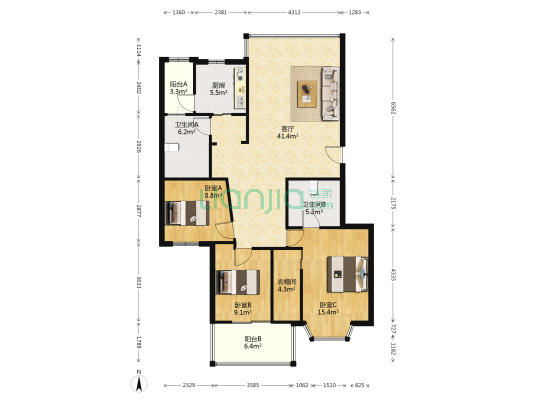 新天地 3室1厅2卫 128平方