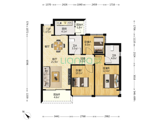 万冠广场 3室1厅2卫 90平方