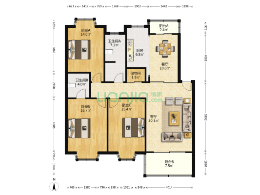 阳光新景 3室2厅2卫 132平方