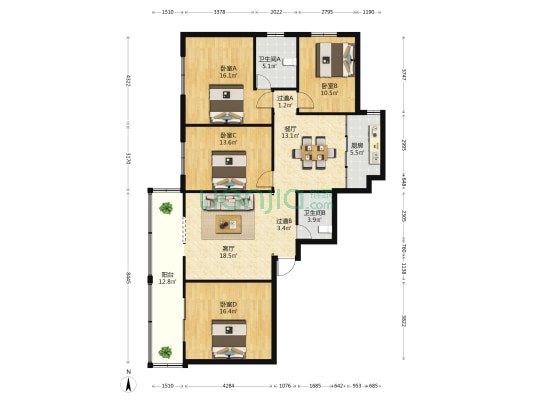 汇通公寓 4室2厅2卫 124平方