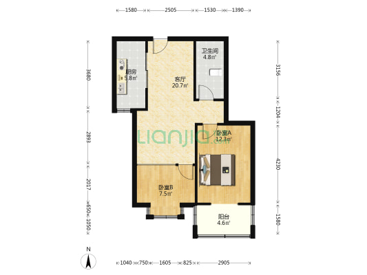 水岸花城精装大一居，一层进出方便-户型图