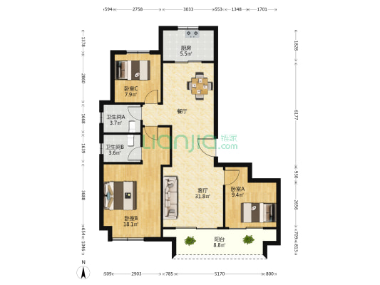 保利和府 3室1厅2卫 117平方