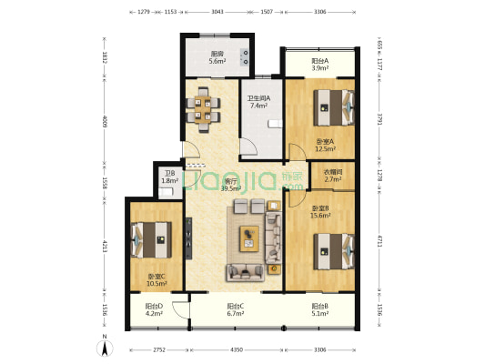 文华阁 3室1厅2卫 144平方
