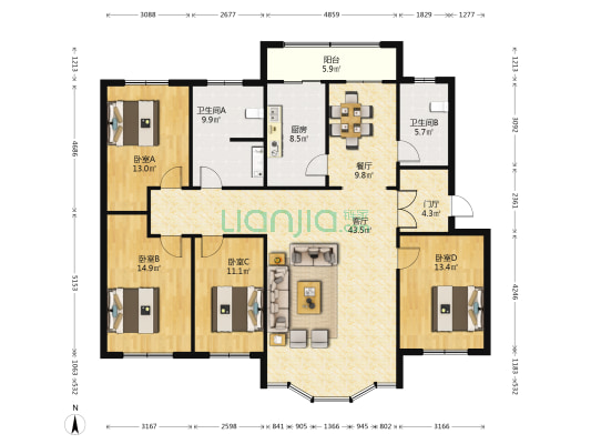 颐馨小区 4室2厅2卫 169平方