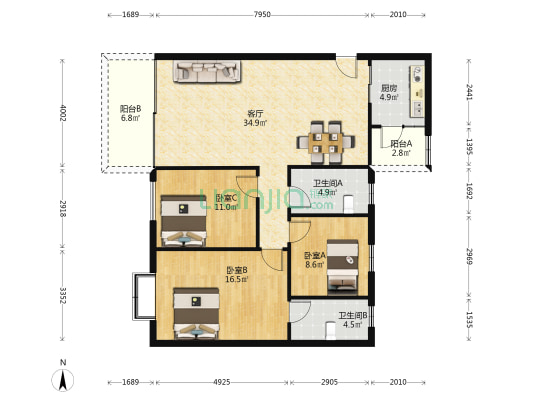 置信花园 3室1厅2卫 120平方