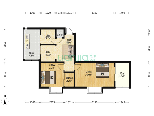 绒织印染厂宿舍 2室2厅1卫 61平方