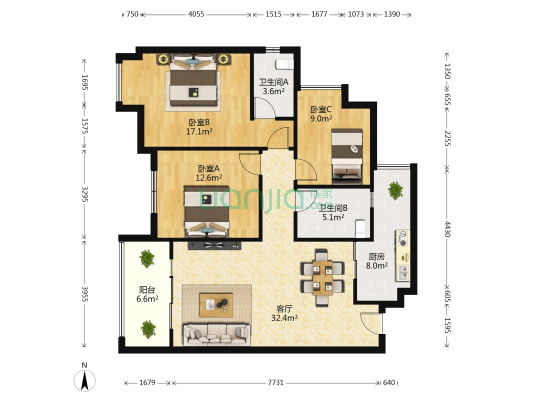 世康世纪城 3室1厅2卫 107平方