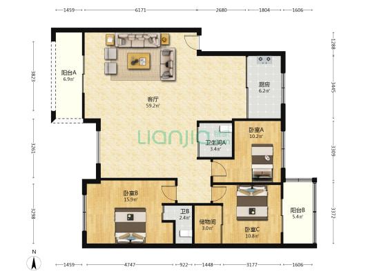 城北小区 3室1厅2卫 140平方