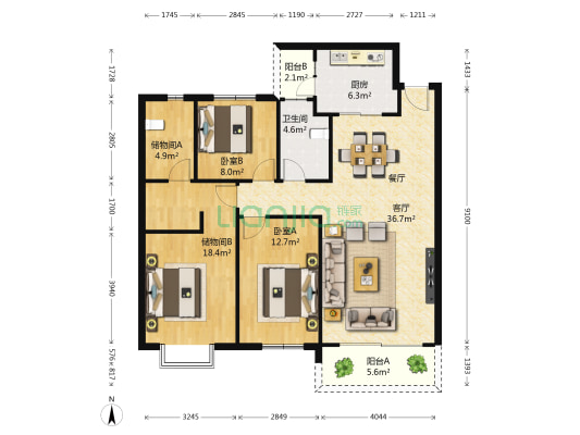 恒大帝景 2室1厅1卫 131平方
