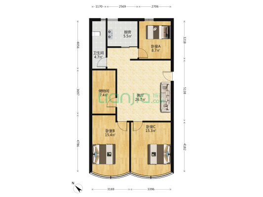 国华大厦 3室1厅1卫 113平方
