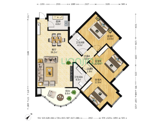 金苏公寓 3室1厅2卫 141平方