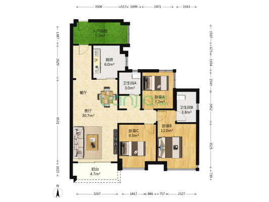 碧桂园蜜柚 3室1厅2卫 97平方