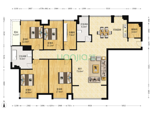 橡树湾橡府 4室1厅2卫 186平方