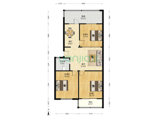 山西煤炭进出口宿舍 3室2厅1卫 107平方