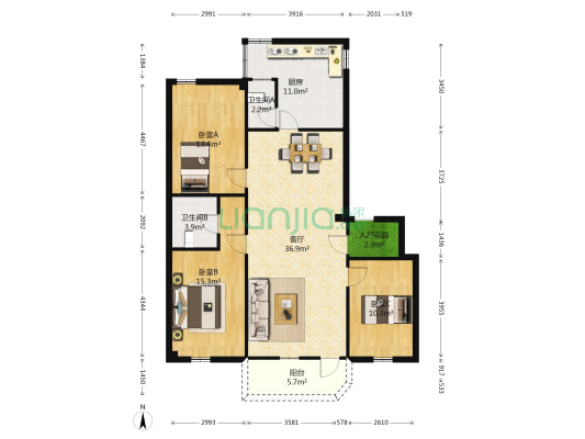 正泰花园 3室1厅2卫 108平方