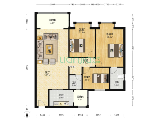 翠景园 3室1厅2卫 115平方